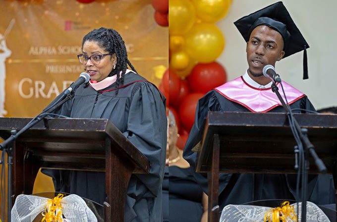 Alpha School of Music Director Gay Magnus (left) and Valedictorian Jonathan Gordon. 