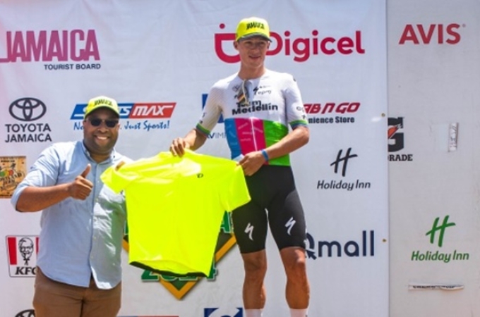 Colombia’s Wilmar Paredas (right), with Jamaica’s Senior Adviser and Senior Strategist in the Ministry of Tourism, at the end of the three-day Jamaica Cycling Classic in Montego Bay, on April 7.