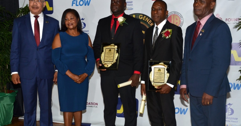 Their Excellencies, Governor-General, the Most Hon. Sir Patrick Allen (left) and Lady Allen; and Custos of Kingston, Hon. Steadman Fuller (right), with 2019 Governor-General Achievement Awards (GGAA) recipients from the County of Surrey, Jordon Freeman (third left) and Calvin Hunter Jr. (JIS Photo)