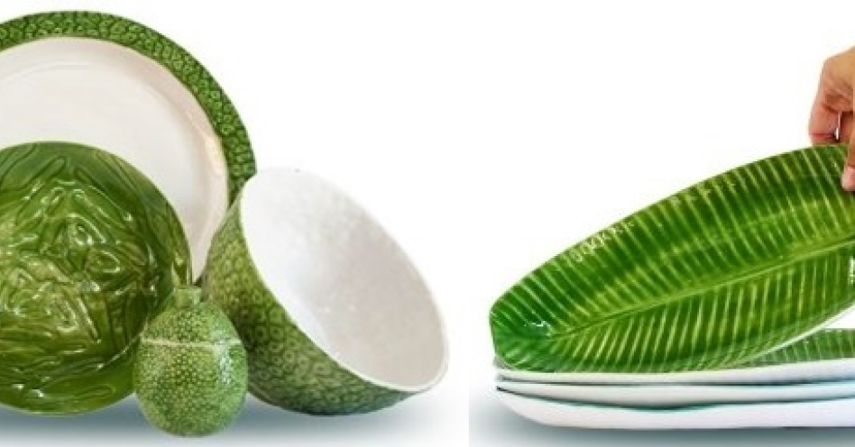 A banana leaf ceramic set (right) and a breadfruit ceramic set created by Dana Baugh’s BAUGHaus Design Studio.