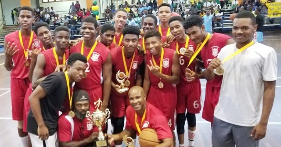 Campion College players celebrate after beating Old Harbour High in the ISSA National Under-16 Basketball final at the GC Foster College on February 18, 2019