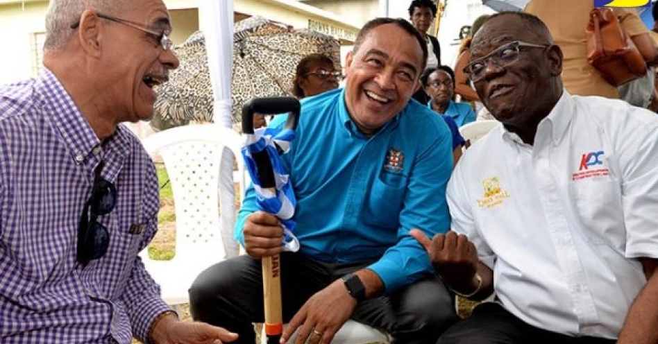 Minister of Health, Dr. the Hon. Christopher Tufton (centre), who is also Member of Parliament for West Central St. Catherine, enjoys a good laugh with Sales and Marketing Manager at Omni Industries Limited, Vincent Clarke (left), and Chairman and Managing Director of Kemteck Development and Construction Limited, Sylvester Tulloch (right), at the recent ceremony to break ground for the $25-million Brown’s Hall Health Centre in St. Catherine. (JIS Photo)