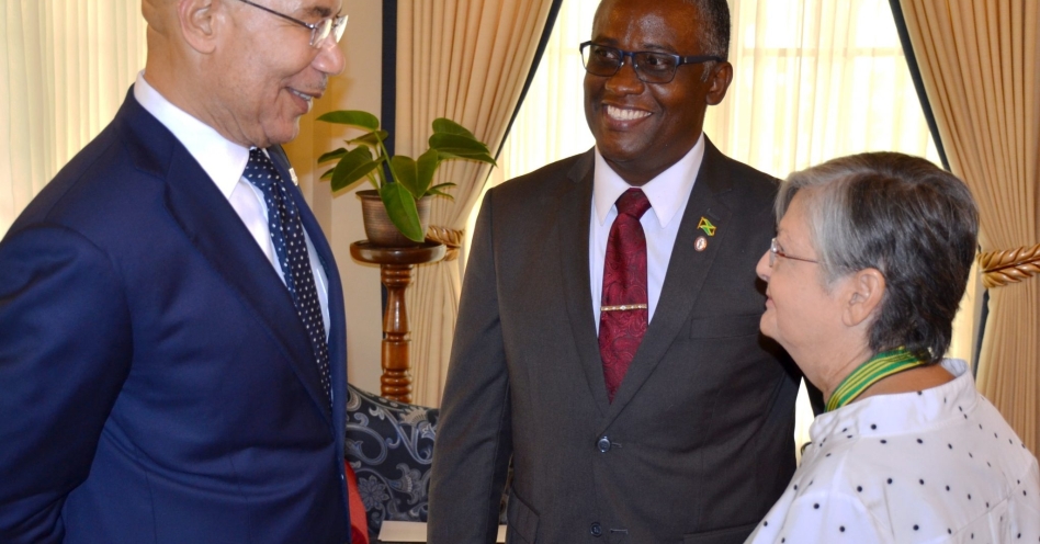 Governor-General, His Excellency the Most Hon. Patrick Allen (left), converses with Manchester businessman and newly appointed Custos Rotulorum for the parish, Hon. Garfield Green, and retired Custos, Sally Porteous, following the swearing-in ceremony at King’s House on June 24.