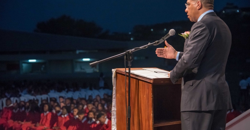 Prime Minister, the Most Hon. Andrew Holness, addresses Campion College’s 2019 graduating class, during a ceremony on the school’s lawn on June 27, 2019 (JIS Photo)