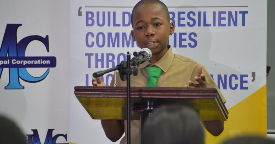 2019/ 2020 Junior Mayor of Portmore, Malique Robinson-Porter, delivers a speech at the Ministry of Local Government and Community Development’s Youth Forum, which was held at the St. James Municipal Corporation building in Montego Bay recently. (JIS Photo)