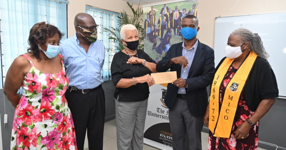 (from left) Bobs Miller-Shields, Representative, MOSA NY Chapter, Burchell Duhaney, Secretary Manager of the MICO Foundation & Past President of MOSA, Dr Merritt Henry - President, MOSA, Dr Asburn Pinnock - President, The Mico University College & Sephlyn Myers -Thomas, Mico 1969-70 batch pose for a photo-op during the handover of 1.5 million in COVID relief funds.